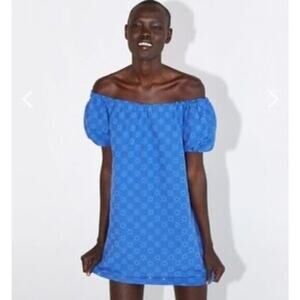 ZARA Off Shoulder Textured Eyelet Mini Sun Dress Balloon Sleeve Pockets M Blue